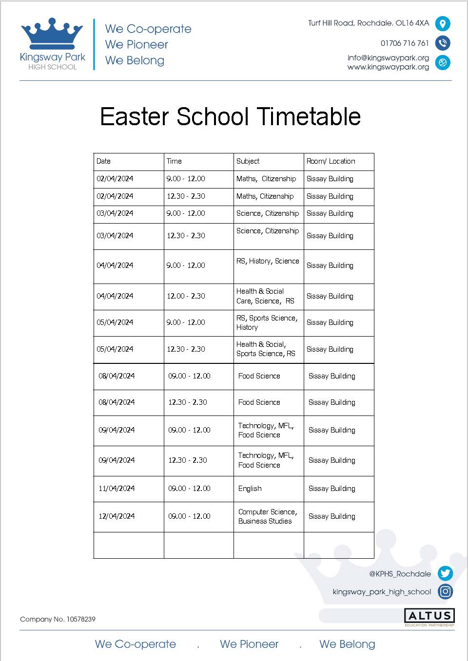 Easter School Timetable