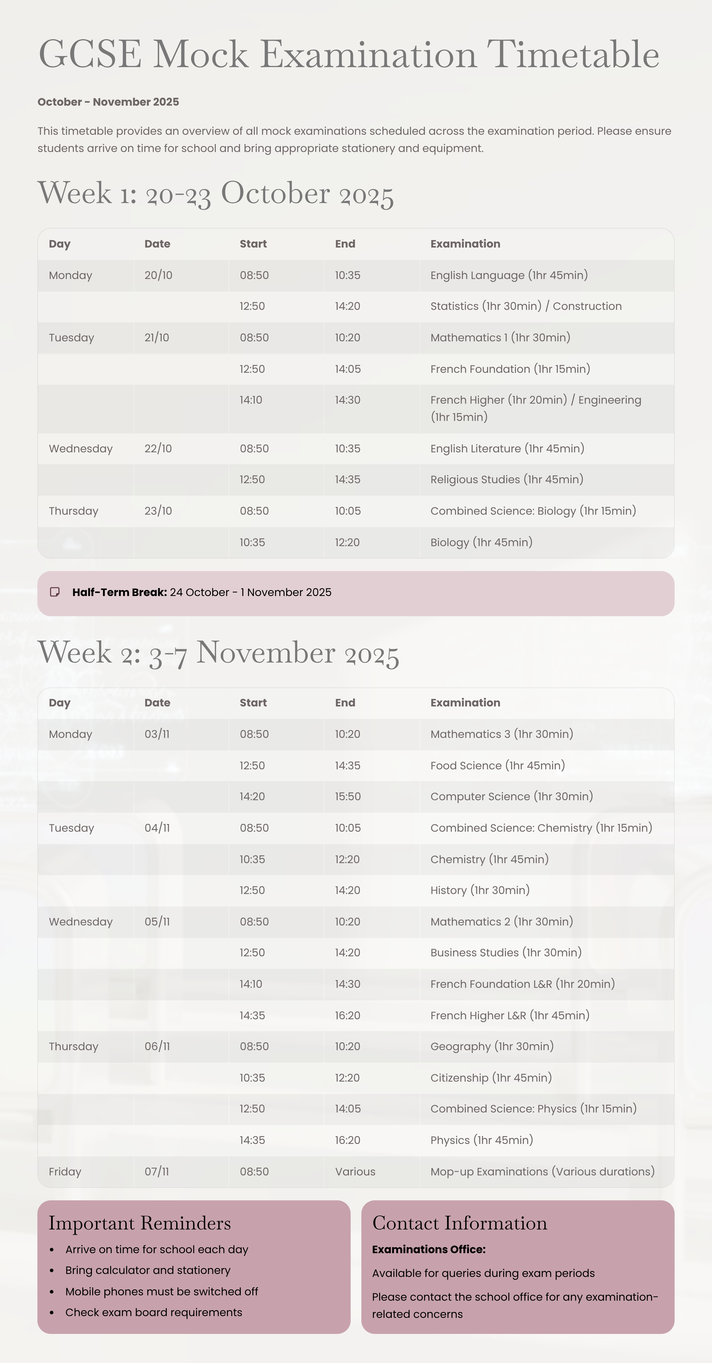 GCSE Mock Examination Timetable